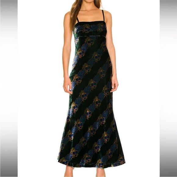 NWT Free People X REVOLVE Juliet Velvet Printed Maxi Dress in Emerald Combo-Q8 - Picture 1 of 8